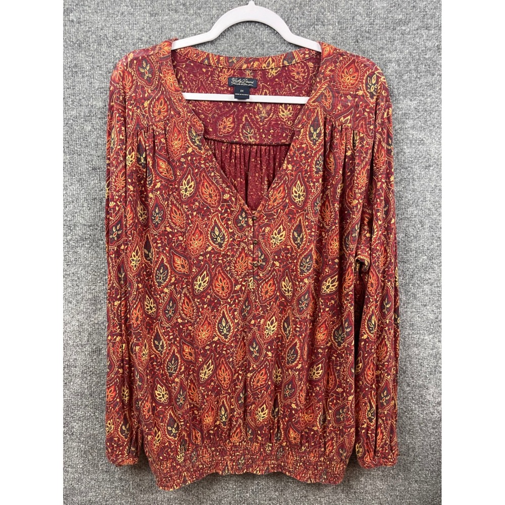 Lucky Brand Blouse Women 2X Red Paisley Excellent Smocked Hem V-Neck Long Sleeve